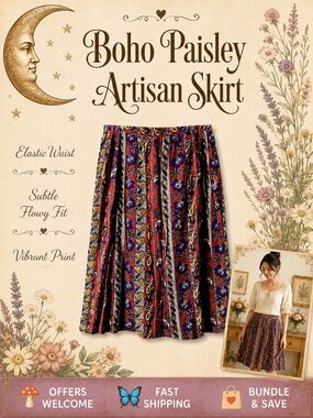 Handmade Boho Paisley Floral Skirt Elastic Waist Vibrant Multicolor